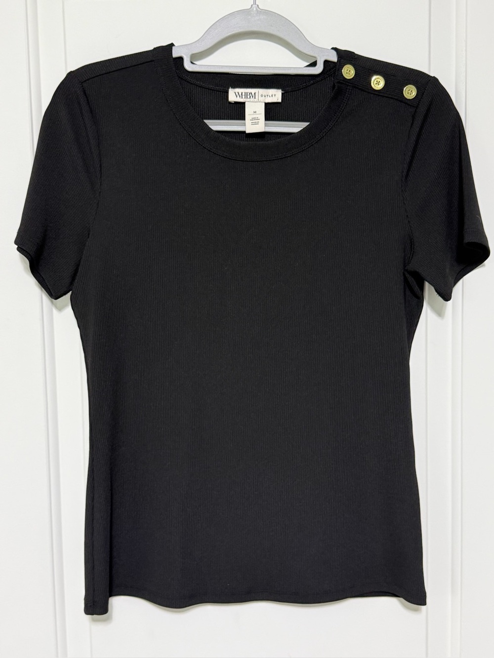 White House Black Market Black Short Sleeve Tee with Gold Shoulder Buttons